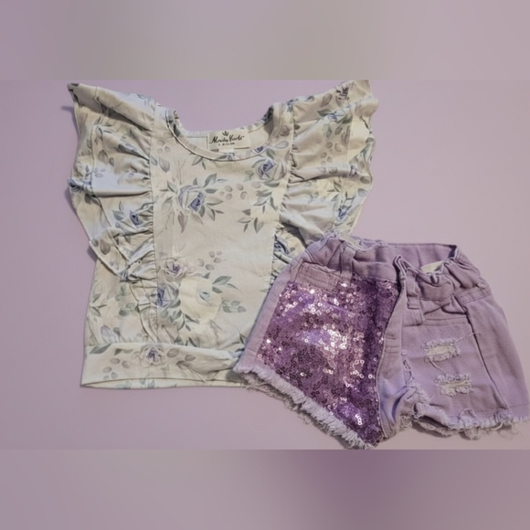 Marie Nicole Other - Purple Floral Ruffle Top & Sequin Shorts 12-18 mos